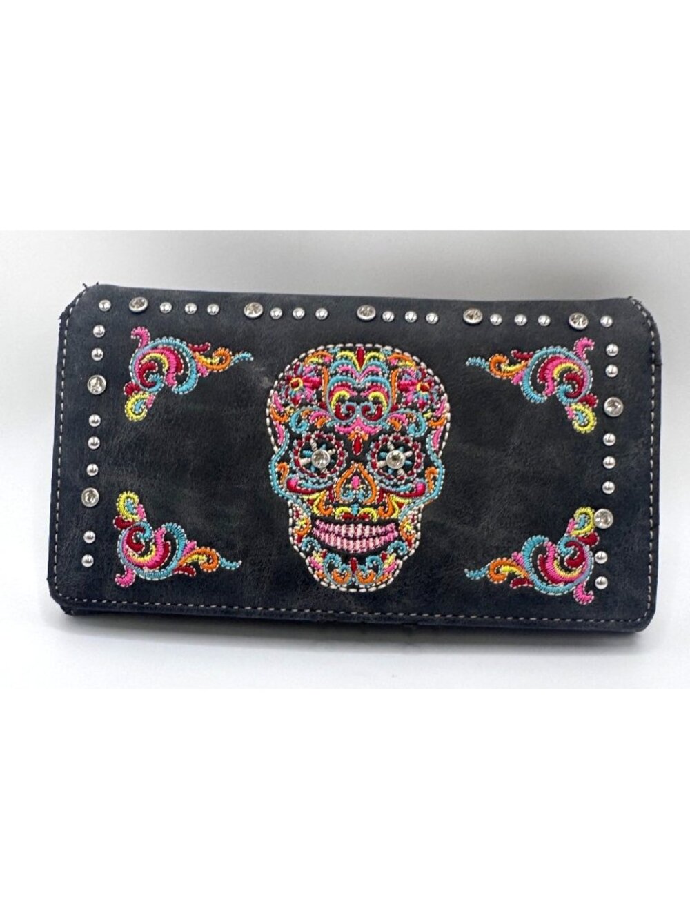 Montana West Sugar Skull Embroidered Black Wallet Bllfold Rhinestones Floral